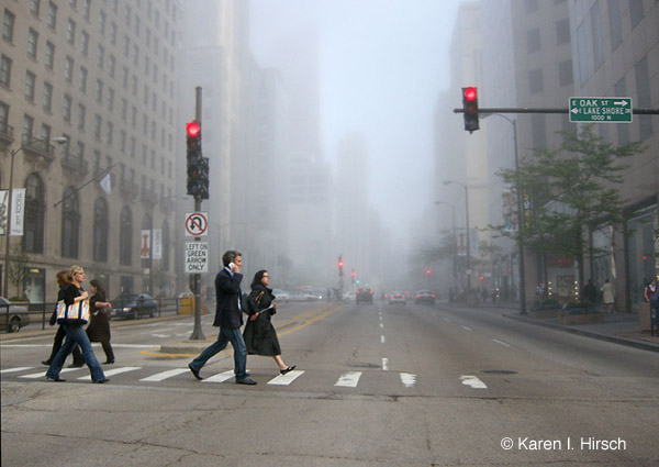 Michigan Avenue and Oak Street - pedestrians crossing street